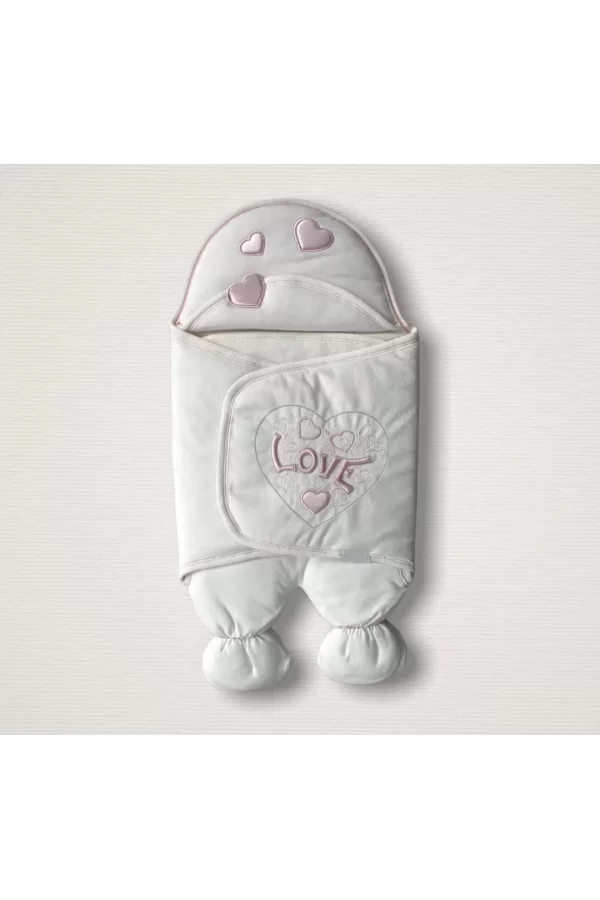 Luz&Pos Yenidoğan Lüks Üç Kalp Love Nakışlı Kız Bebek Ayaklı Kundak Bebek Battaniyesi Ekru