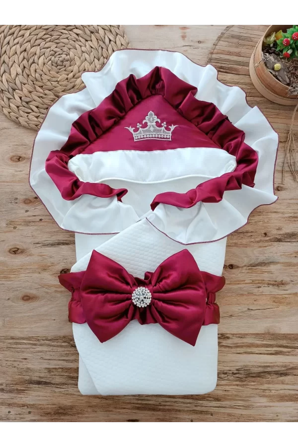 Luz&Pos Yenidoğan Mehtap Lüks Kelebek Taç Nakışlı Bebek Battaniyesi Kundak Bordo