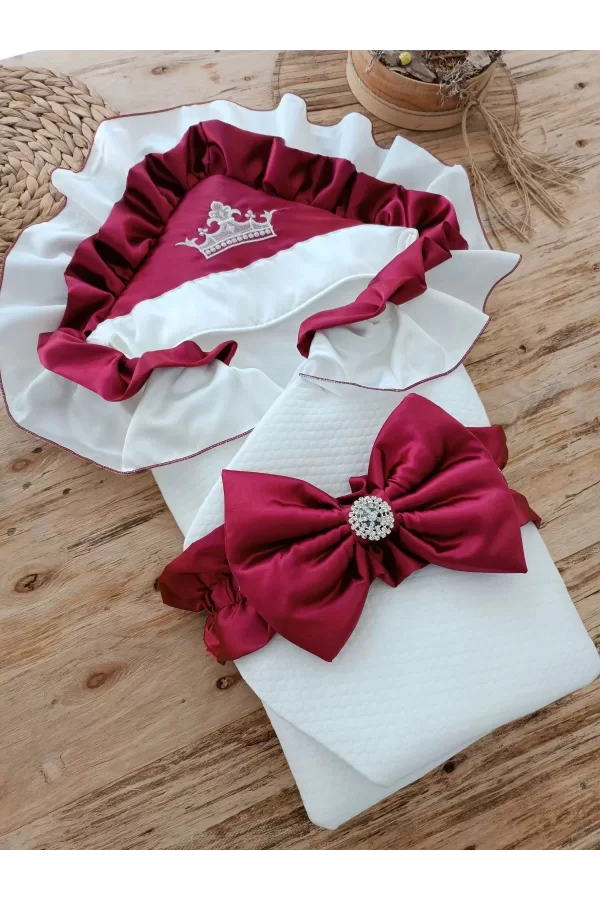 Luz&Pos Yenidoğan Mehtap Lüks Kelebek Taç Nakışlı Bebek Battaniyesi Kundak Bordo