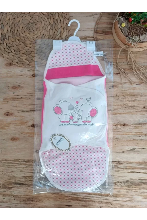 Luz&Pos Yenidoğan Mutlu Fil Ailesi Nakışlı Çıt Çıt Kapamalı Bebek Kundak Fuşya