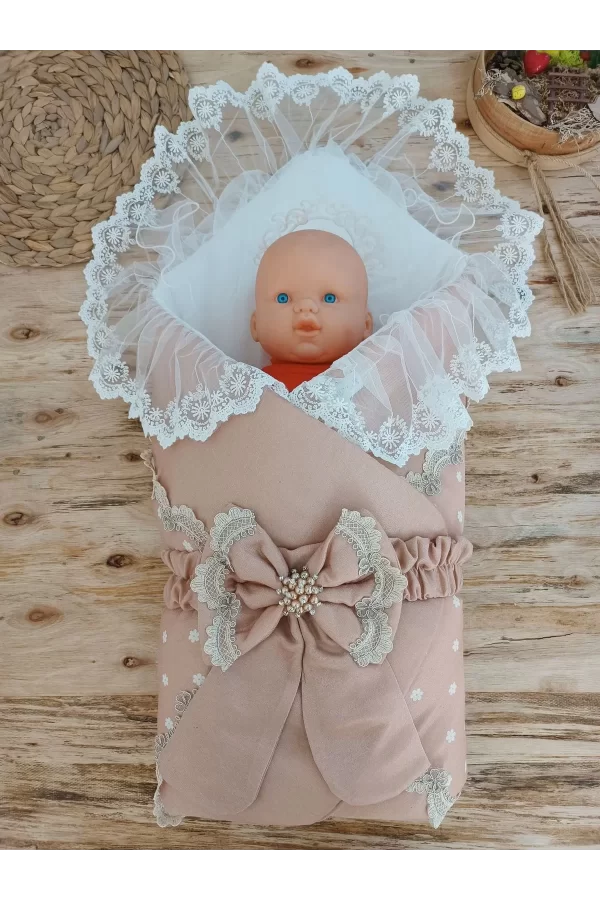 Luz&Pos Yenidoğan Pamuk Papatya Desenli Trilüks Unisex Kundak Bebek Battaniyesi Kahverengi