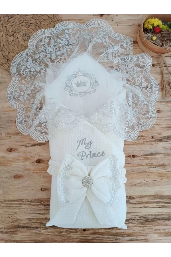 Luz&Pos Yenidoğan Pamuk Taç Benim Prensim Nakışlı Trilüks Kundak Bebek Battaniyesi Ekru