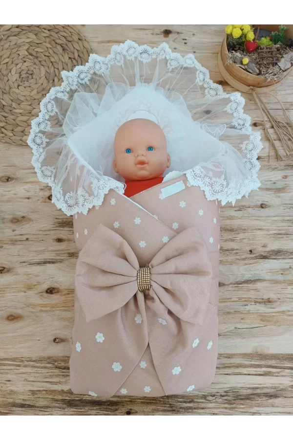 Luz&Pos Yenidoğan Papatya Desenli Trilüks Unisex Kundak Bebek Battaniyesi Kahverengi