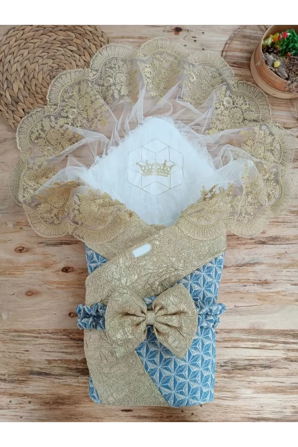 Luz&Pos Yenidoğan Piramit Desenli Güpür İşlemeli Bebek Battaniyesi Kundak Gold