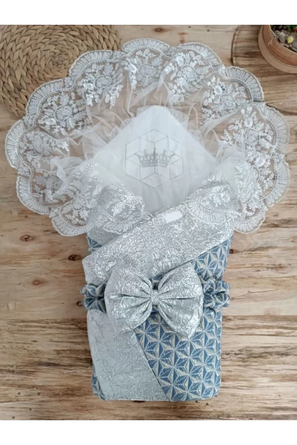Luz&Pos Yenidoğan Piramit Desenli Güpür İşlemeli Bebek Battaniyesi Kundak Gümüş