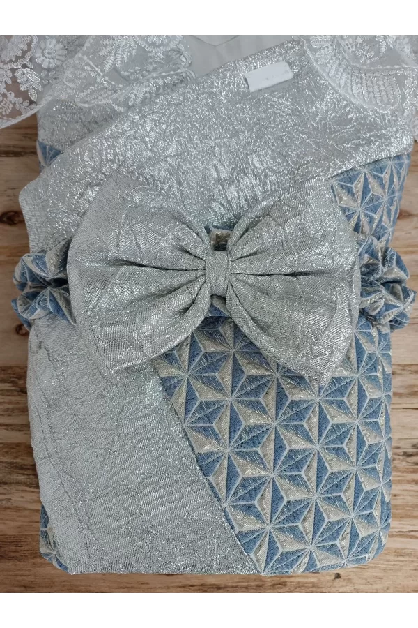 Luz&Pos Yenidoğan Piramit Desenli Güpür İşlemeli Bebek Battaniyesi Kundak Gümüş