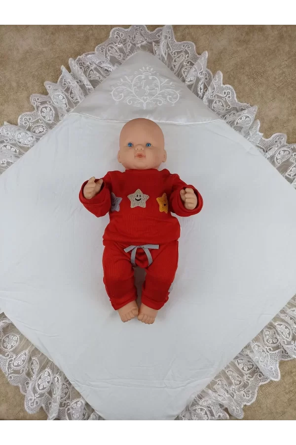 Luz&Pos Yenidoğan Pırıltı Nakış Detaylı Lüks Kundak Bebek Battaniyesi Ekru
