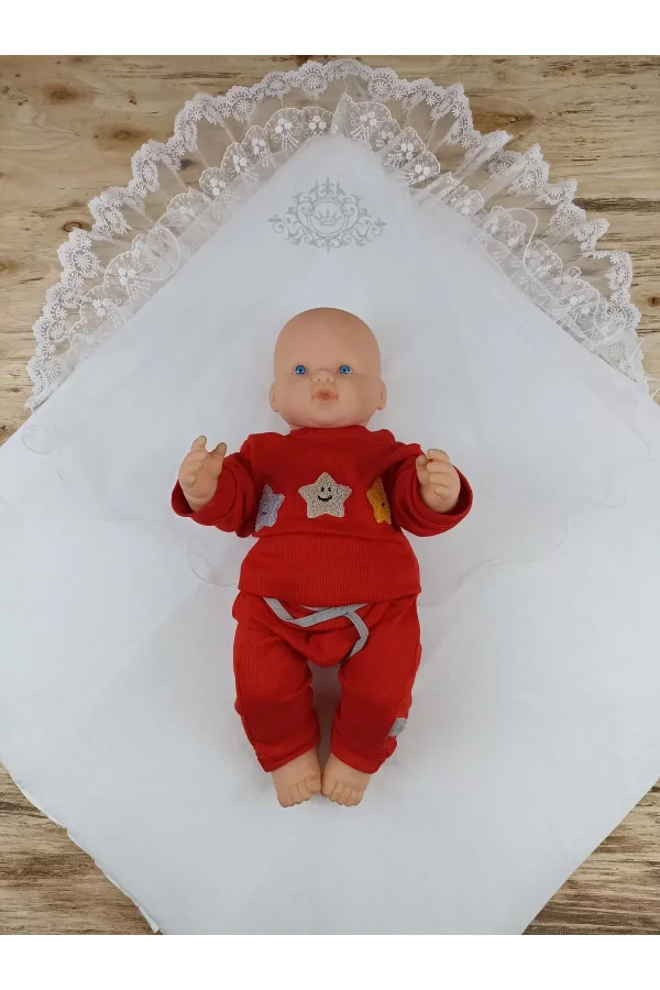Luz&Pos Yenidoğan Pırıltı Taç Nakışlı İnci Delüks Kundak Bebek Battaniyesi Ekru