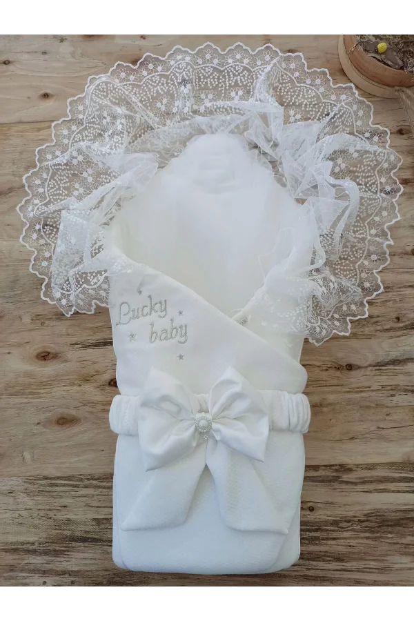 Luz&Pos Yenidoğan Sahra Lucky Baby Nakışlı Kundak Bebek Battaniyesi Ekru