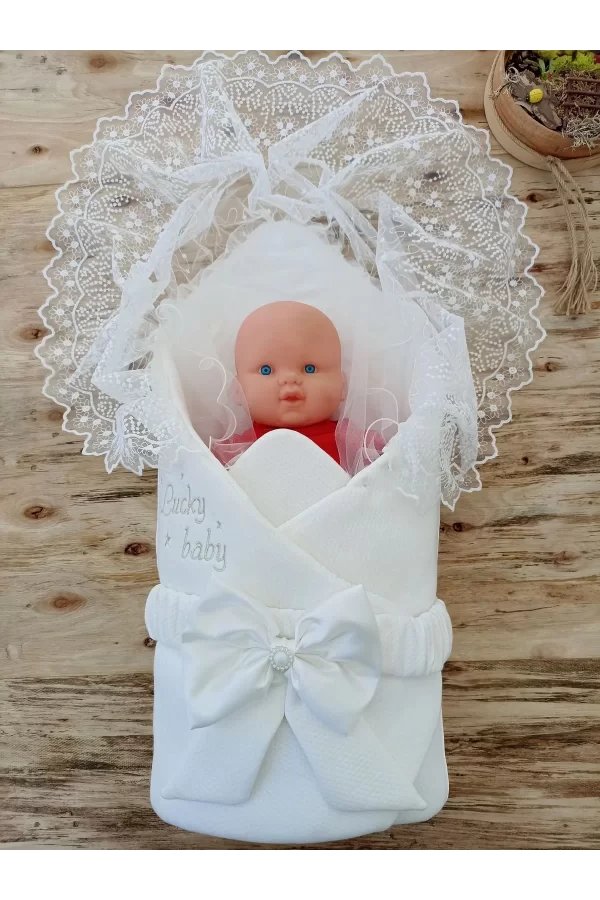 Luz&Pos Yenidoğan Sahra Lucky Baby Nakışlı Kundak Bebek Battaniyesi Ekru