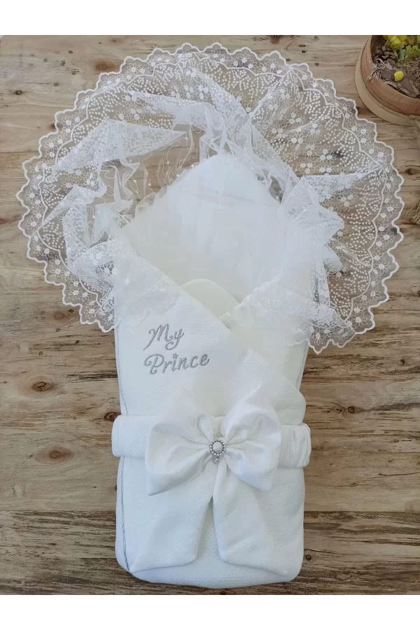 Luz&Pos Yenidoğan Sahra My Prince Nakışlı Lüks Kundak Bebek Battaniyesi Ekru