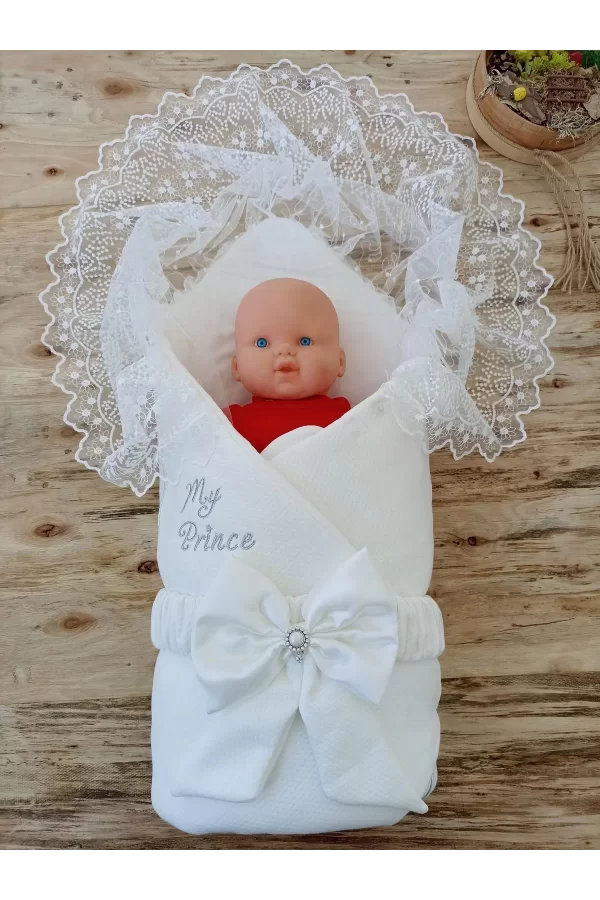 Luz&Pos Yenidoğan Sahra My Prince Nakışlı Lüks Kundak Bebek Battaniyesi Ekru