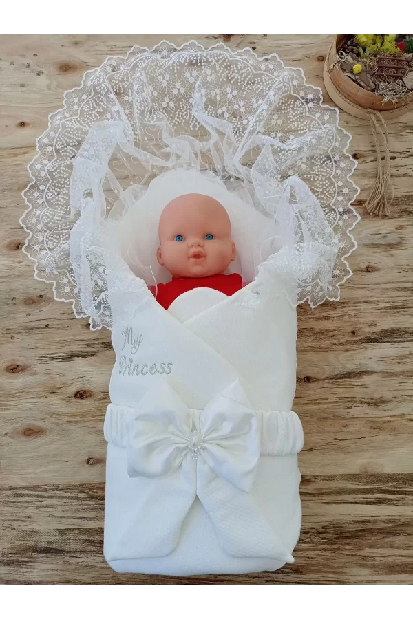 Luz&Pos Yenidoğan Sahra My Princess Nakışlı Lüks Kundak Bebek Battaniyesi Ekru