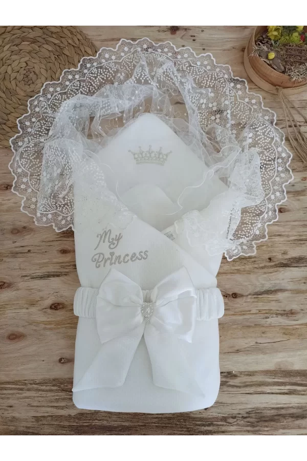 Luz&Pos Yenidoğan Sahra Taç Benim Prensesim Nakışlı Kundak Bebek Battaniyesi Ekru