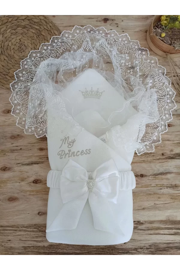 Luz&Pos Yenidoğan Sahra Taç Benim Prensesim Nakışlı Kundak Bebek Battaniyesi Ekru