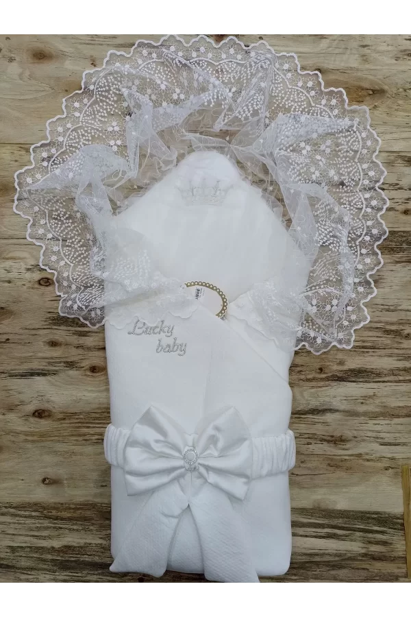 Luz&Pos Yenidoğan Sahra Taç Lucky Baby Nakışlı Kumru Kundak Bebek Battaniyesi Ekru