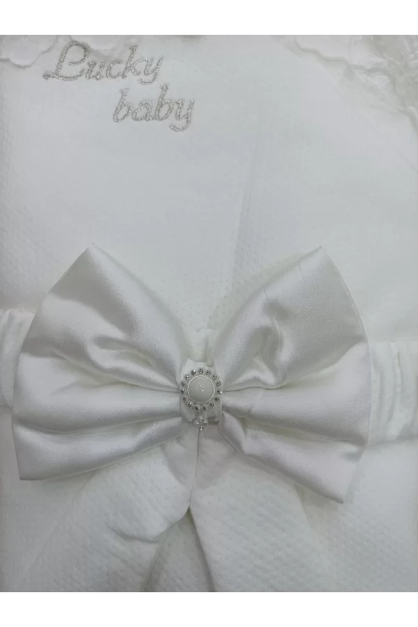 Luz&Pos Yenidoğan Sahra Taç Lucky Baby Nakışlı Kumru Kundak Bebek Battaniyesi Ekru