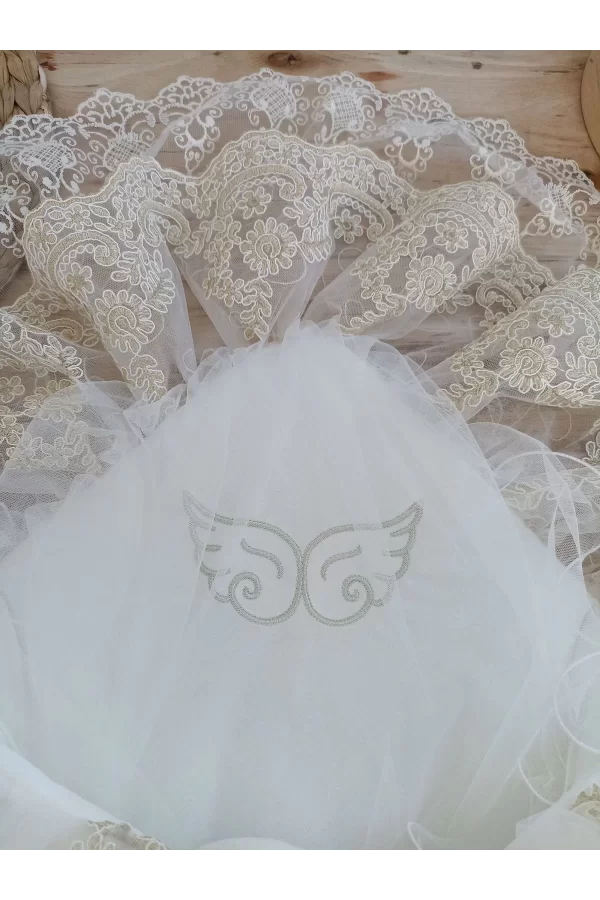 Luz&Pos Yenidoğan Sahra Taç Nakışlı Gold Angel Trilüks Kundak Bebek Battaniyesi Ekru