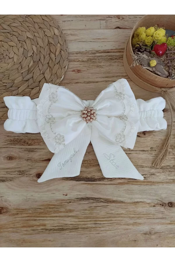 Luz&Pos Yenidoğan Sahra Taç Nakışlı Plazma Taşlı Güpürlü Fiyonklu Duvaklı Trilüks Kundak Bebek Battaniyesi Sütlü Kahve