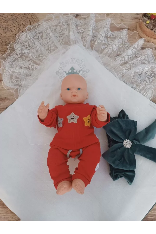 Luz&Pos Yenidoğan Saray Kadife Taç Nakışlı İnci Fiyonklu Dantel Duvak Trilüks Kundak Bebek Battaniye Yeşil