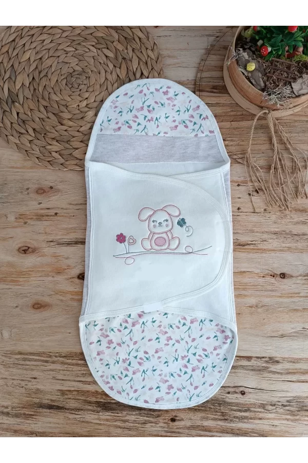 Luz&Pos Yenidoğan Tavşan Show Nakışlı Çıt Çıt Kapamalı Bebek Kundak Ekru
