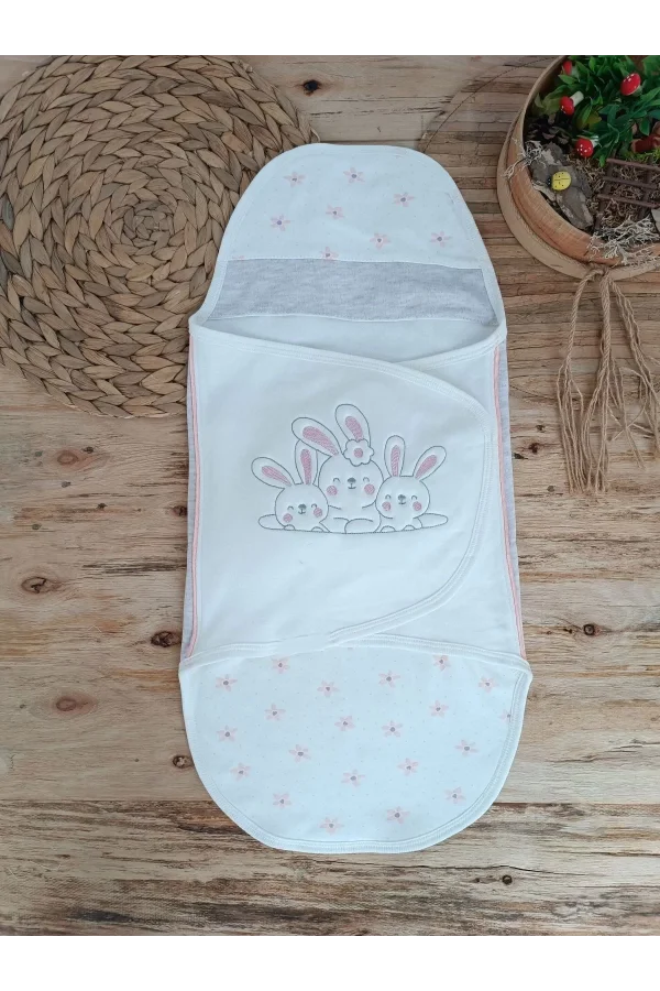 Luz&Pos Yenidoğan Tavşan Tayfalar Nakışlı Çıt Çıt Kapamalı Bebek Kundak Ekru