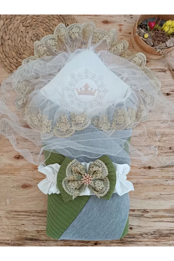 Luz&Pos Yenidoğan Teri Cotton Taç Nakışlı Prizma Taş Kundak Bebek Battaniyesi Yeşil