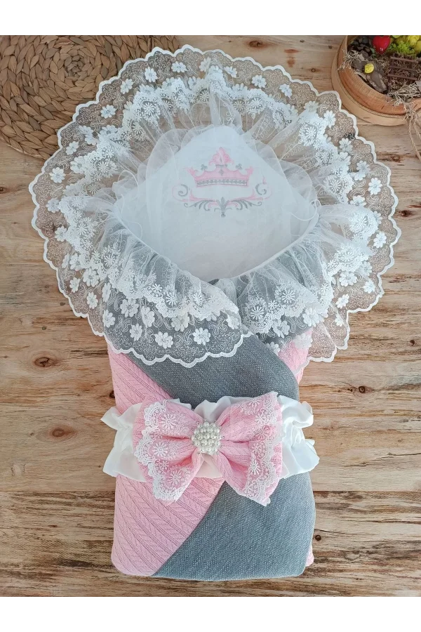 Luz&Pos Yenidoğan Teri Cotton Taç Nakışlı Prizma Taş Kundak Bebek Battaniyesi Pembe