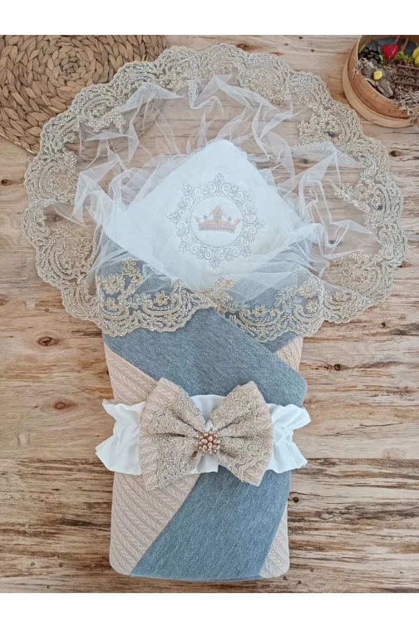 Luz&Pos Yenidoğan Teri Cotton Taç Nakışlı Prizma Taş Kundak Bebek Battaniyesi Bej