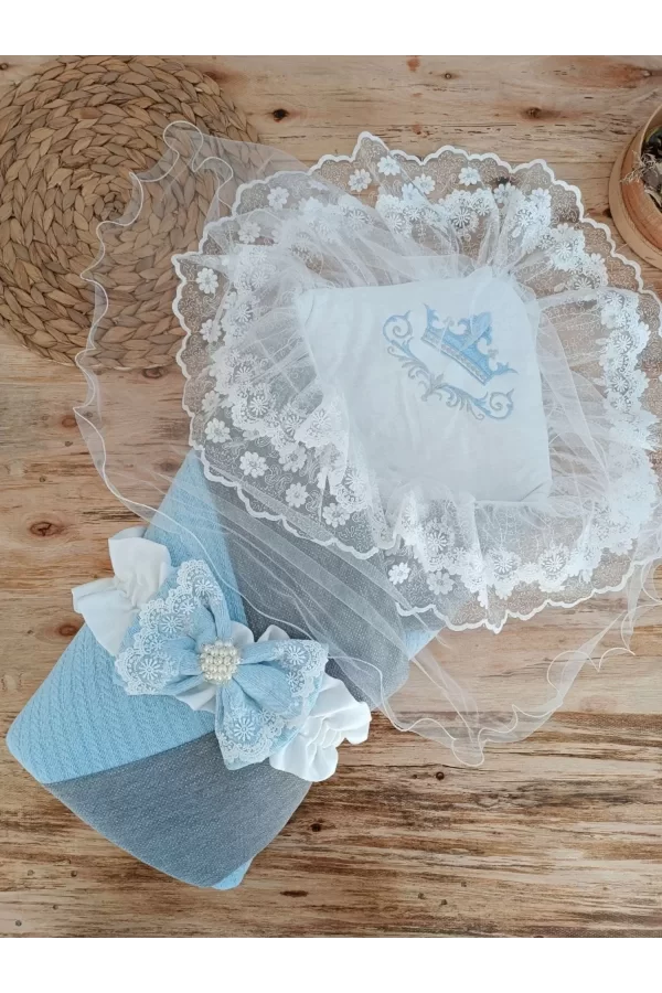 Luz&Pos Yenidoğan Teri Cotton Taç Nakışlı Prizma Taş Kundak Bebek Battaniyesi Mavi