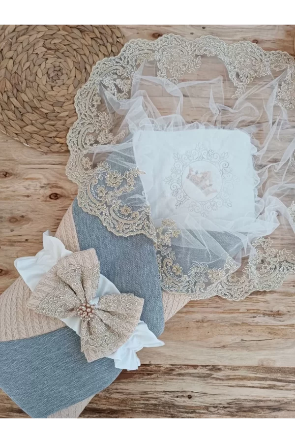 Luz&Pos Yenidoğan Teri Cotton Taç Nakışlı Prizma Taş Kundak Bebek Battaniyesi Bej