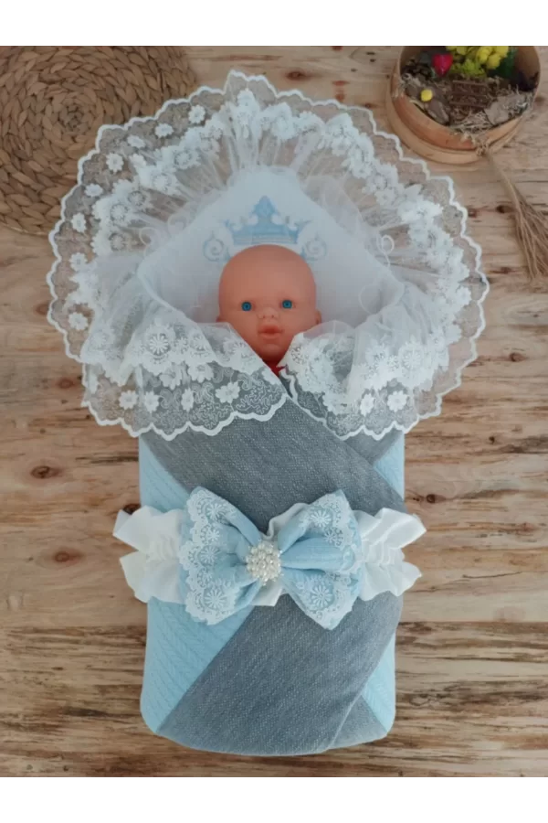 Luz&Pos Yenidoğan Teri Cotton Taç Nakışlı Prizma Taş Kundak Bebek Battaniyesi Mavi