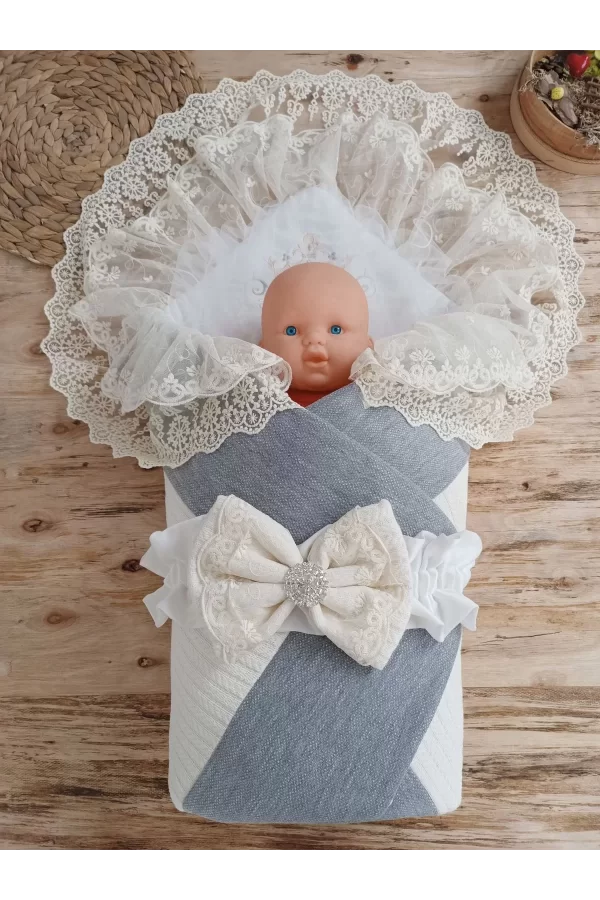 Luz&Pos Yenidoğan Teri Cotton Taç Nakışlı Prizma Taş Kundak Bebek Battaniyesi Krem