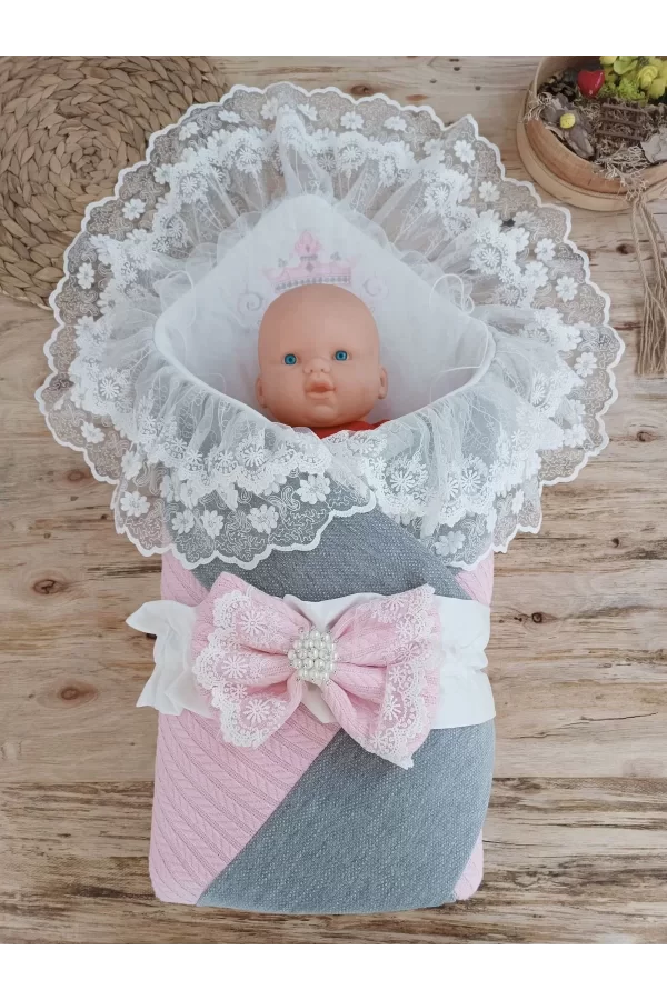 Luz&Pos Yenidoğan Teri Cotton Taç Nakışlı Prizma Taş Kundak Bebek Battaniyesi Pembe