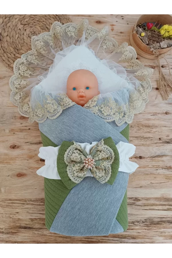 Luz&Pos Yenidoğan Teri Cotton Taç Nakışlı Prizma Taş Kundak Bebek Battaniyesi Yeşil