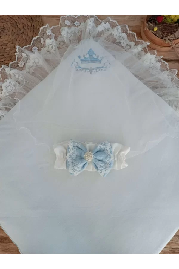 Luz&Pos Yenidoğan Teri Cotton Taç Nakışlı Prizma Taş Kundak Bebek Battaniyesi Mavi