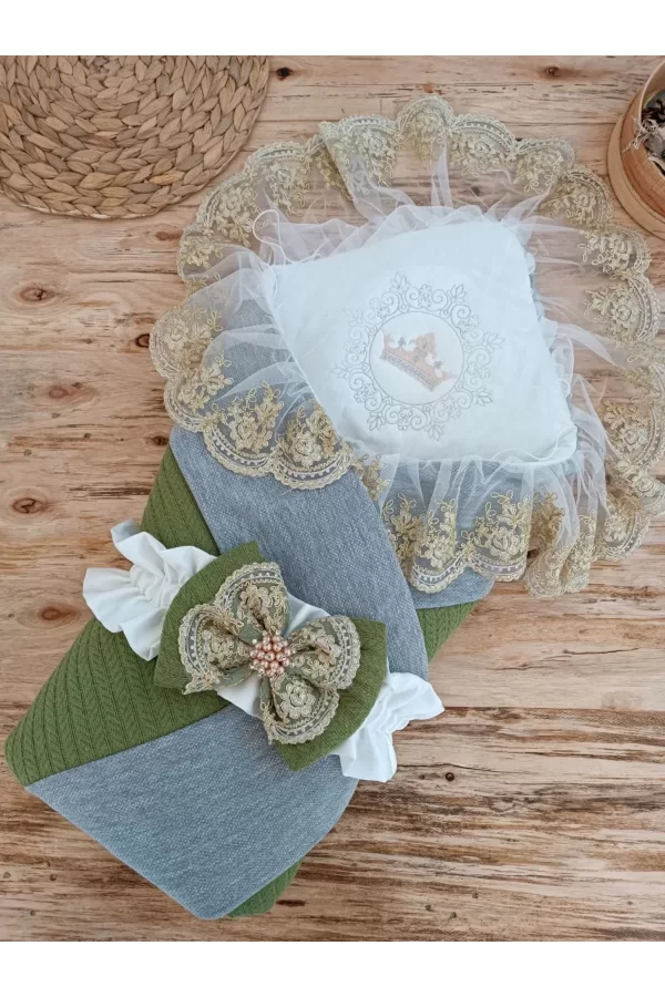 Luz&Pos Yenidoğan Teri Cotton Taç Nakışlı Prizma Taş Kundak Bebek Battaniyesi Yeşil