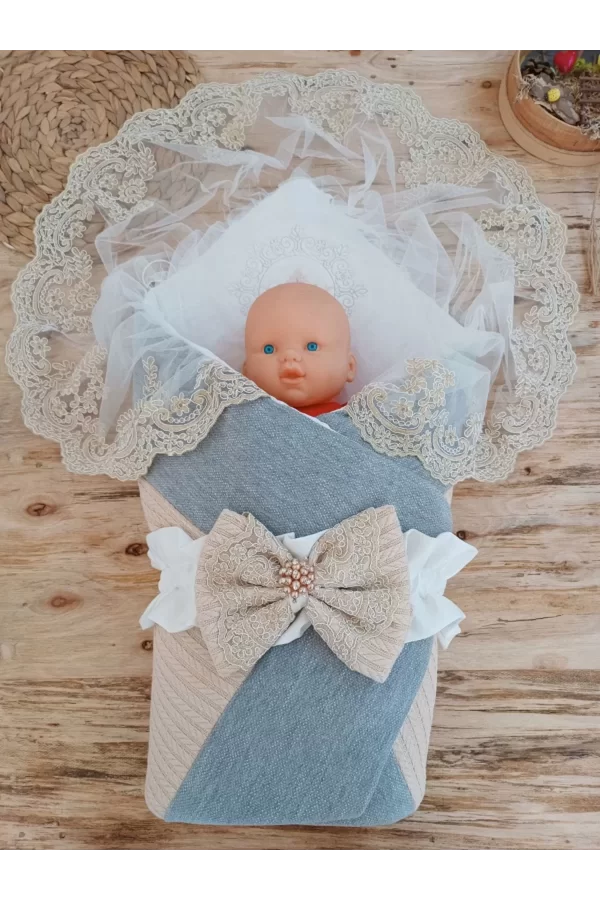 Luz&Pos Yenidoğan Teri Cotton Taç Nakışlı Prizma Taş Kundak Bebek Battaniyesi Bej