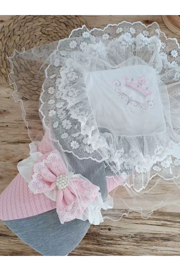 Luz&Pos Yenidoğan Teri Cotton Taç Nakışlı Prizma Taş Kundak Bebek Battaniyesi Pembe