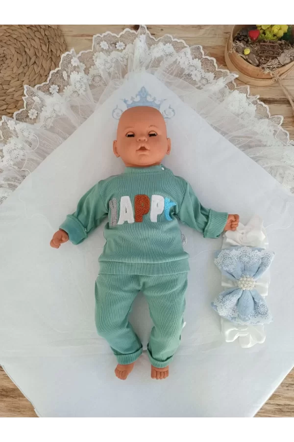 Luz&Pos Yenidoğan Teri Cotton Taç Nakışlı Prizma Taş Kundak Bebek Battaniyesi Mavi