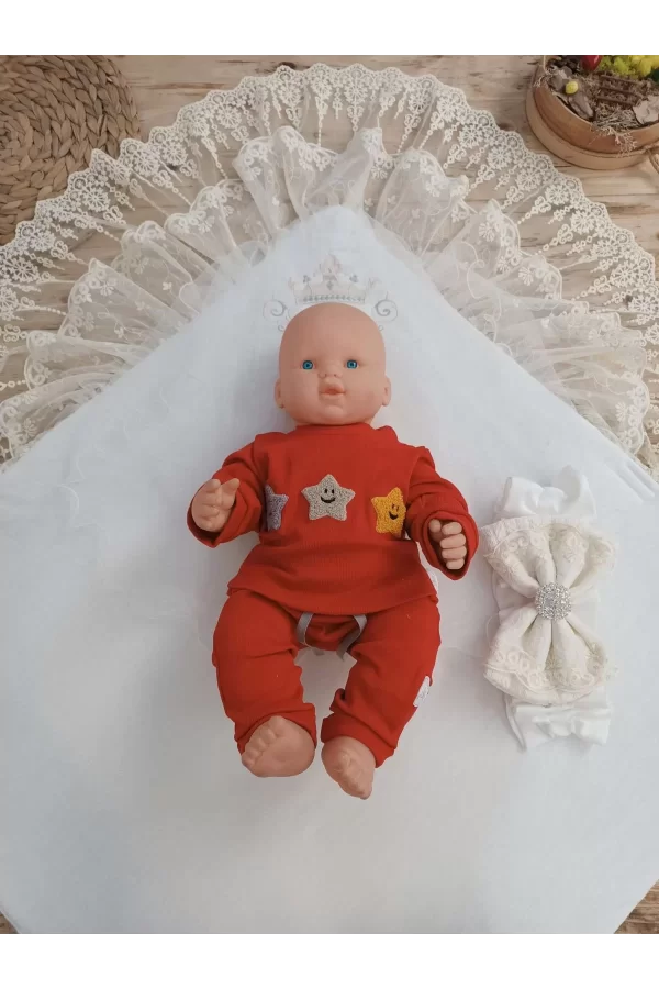 Luz&Pos Yenidoğan Teri Cotton Taç Nakışlı Prizma Taş Kundak Bebek Battaniyesi Krem