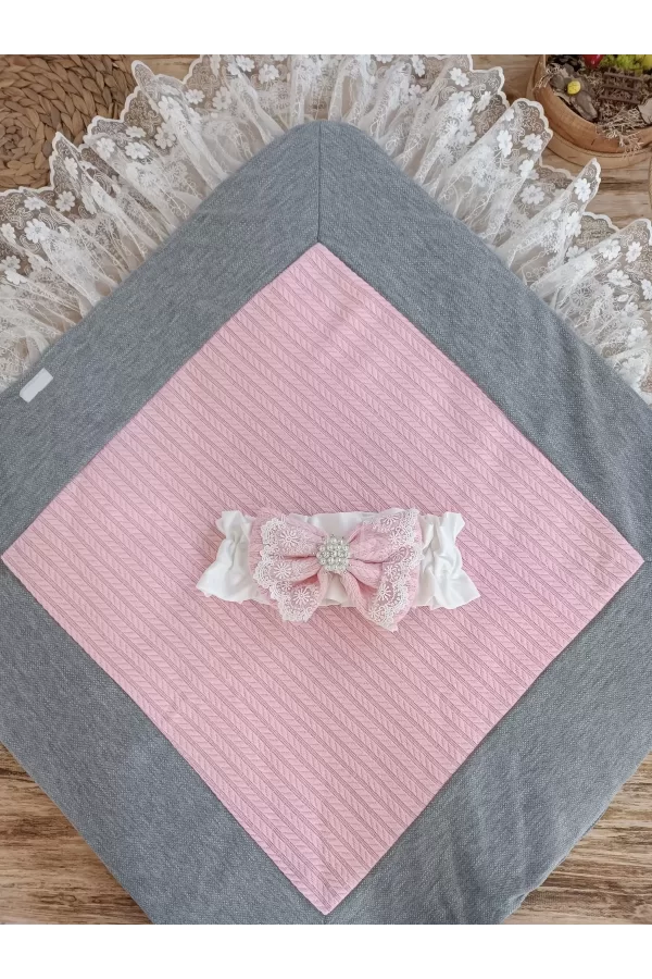 Luz&Pos Yenidoğan Teri Cotton Taç Nakışlı Prizma Taş Kundak Bebek Battaniyesi Pembe