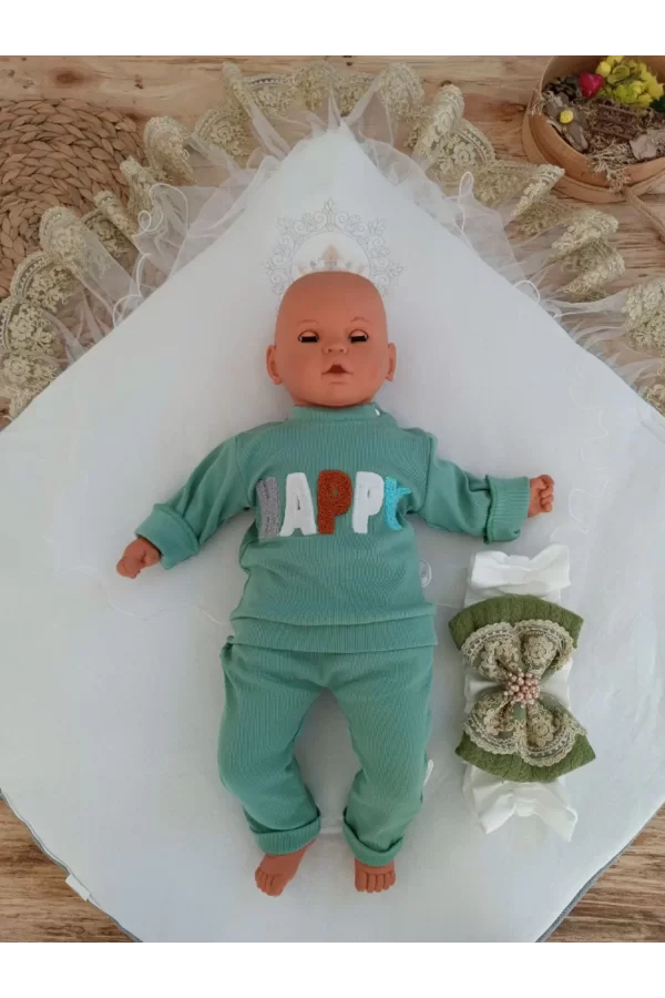 Luz&Pos Yenidoğan Teri Cotton Taç Nakışlı Prizma Taş Kundak Bebek Battaniyesi Yeşil