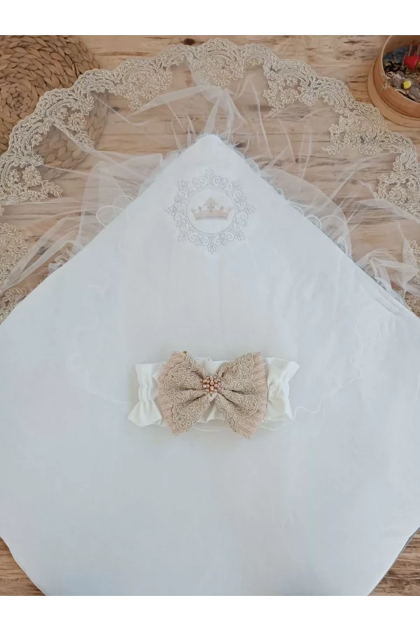 Luz&Pos Yenidoğan Teri Cotton Taç Nakışlı Prizma Taş Kundak Bebek Battaniyesi Bej