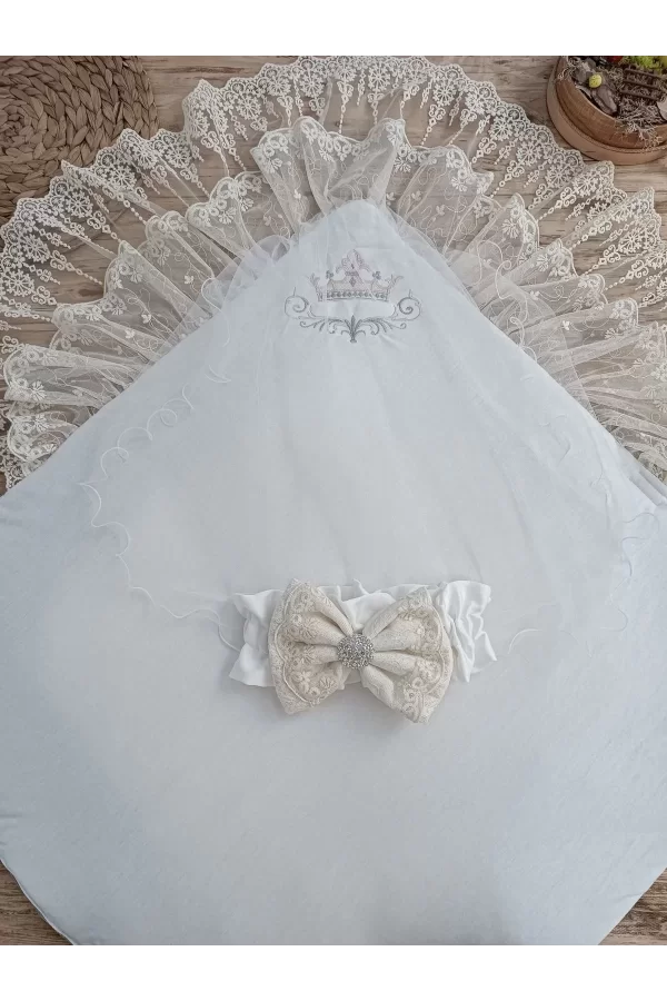 Luz&Pos Yenidoğan Teri Cotton Taç Nakışlı Prizma Taş Kundak Bebek Battaniyesi Krem