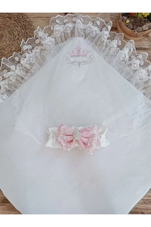 Luz&Pos Yenidoğan Teri Cotton Taç Nakışlı Prizma Taş Kundak Bebek Battaniyesi Pembe