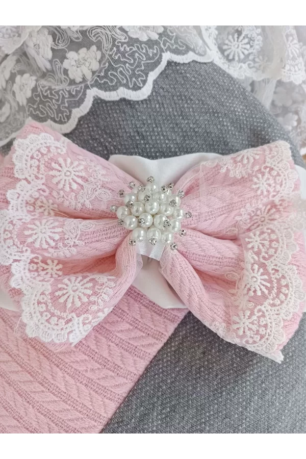 Luz&Pos Yenidoğan Teri Cotton Taç Nakışlı Prizma Taş Kundak Bebek Battaniyesi Pembe