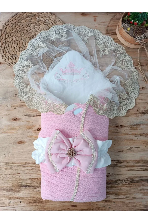 Luz&Pos Yenidoğan Tericotton Örgülü Trilüx Bebek Battaniyesi Kundak Pembe