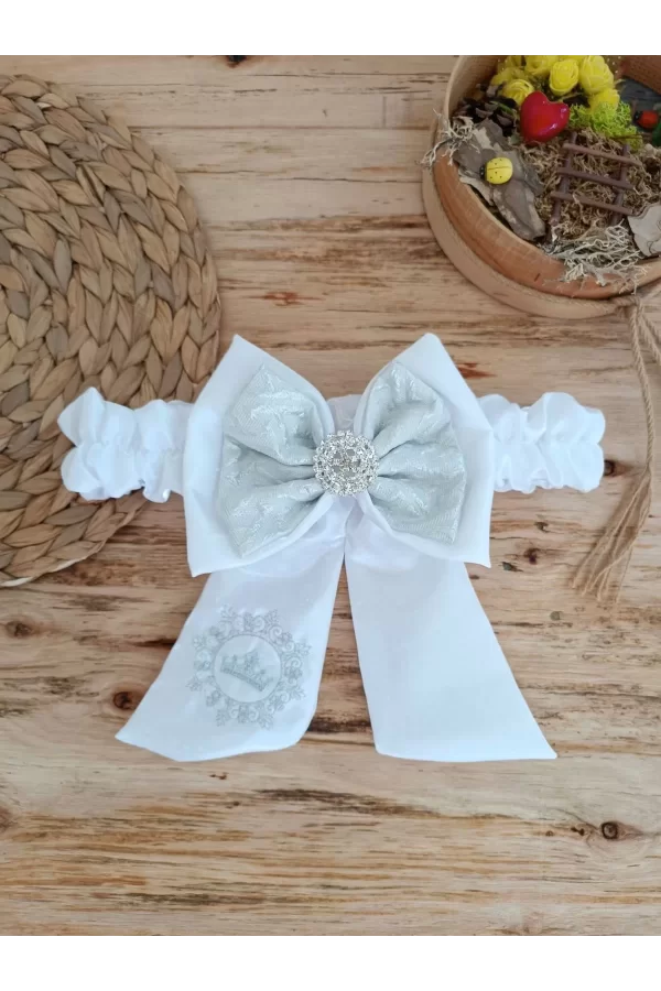 Luz&Pos Yenidoğan Titi Taç Nakışlı Plazma Taşlı Güpürlü Çift Fiyonk Duvaklı Trilüks Kundak Bebek Battaniyesi Gümüş