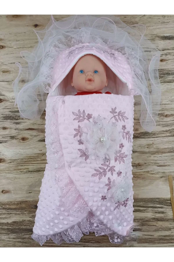 Luz&Pos Yenidoğan Topçikli Gül Bahçesi Tül Örtülü Kız Erkek Bebek Klasik Kundak Bebek Battaniyesi Pembe